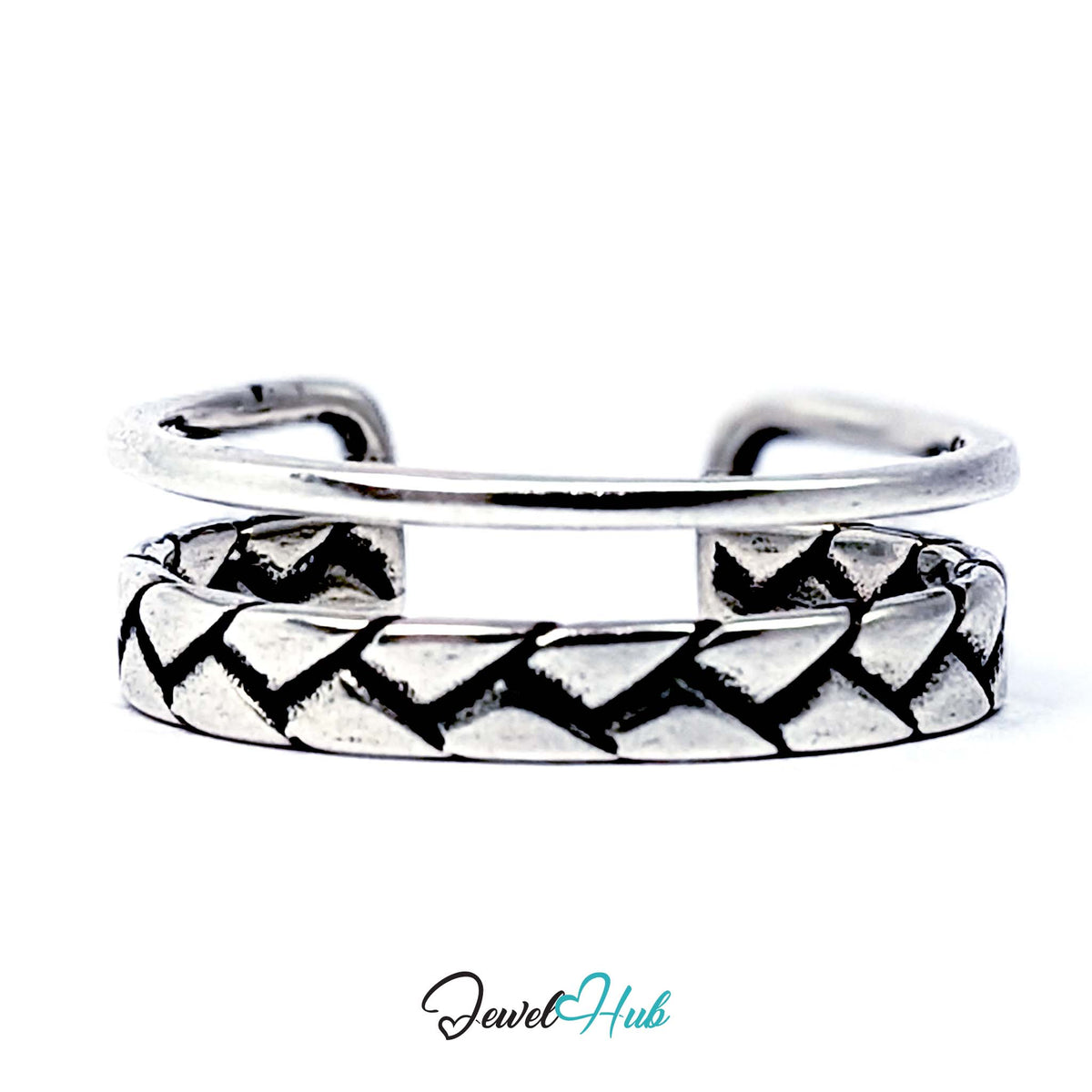 925 sterling silver double band ring with a plaited, oxidised lower band - JewelHub