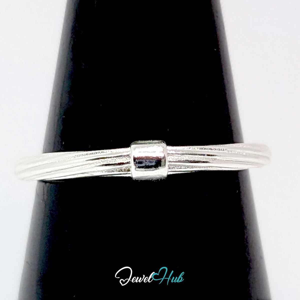 Rope strand ring on a black cone display, showing the collar at the front - JewelHub