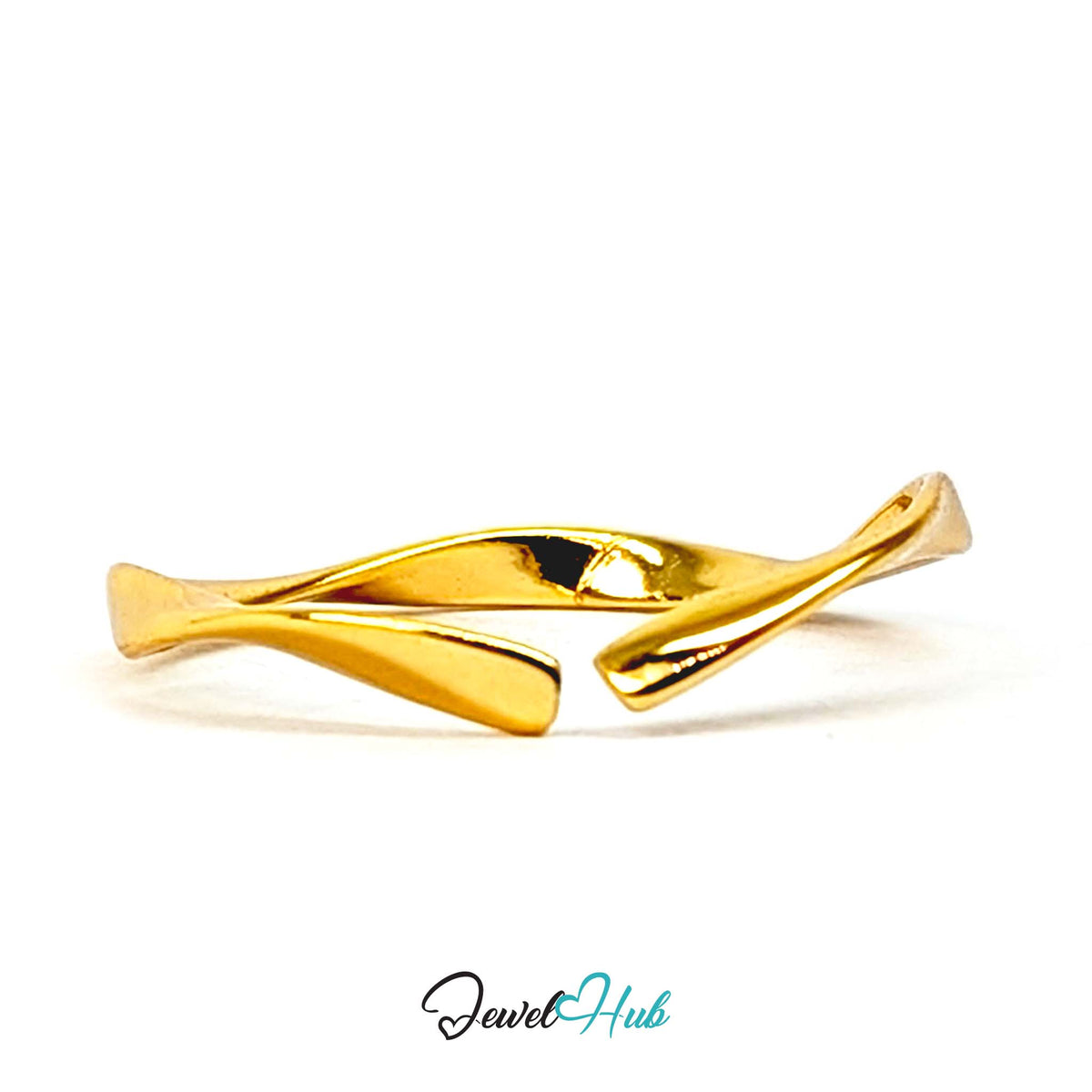 Gold-plated twist ring at an angle, showing the wave through the band - JewelHub