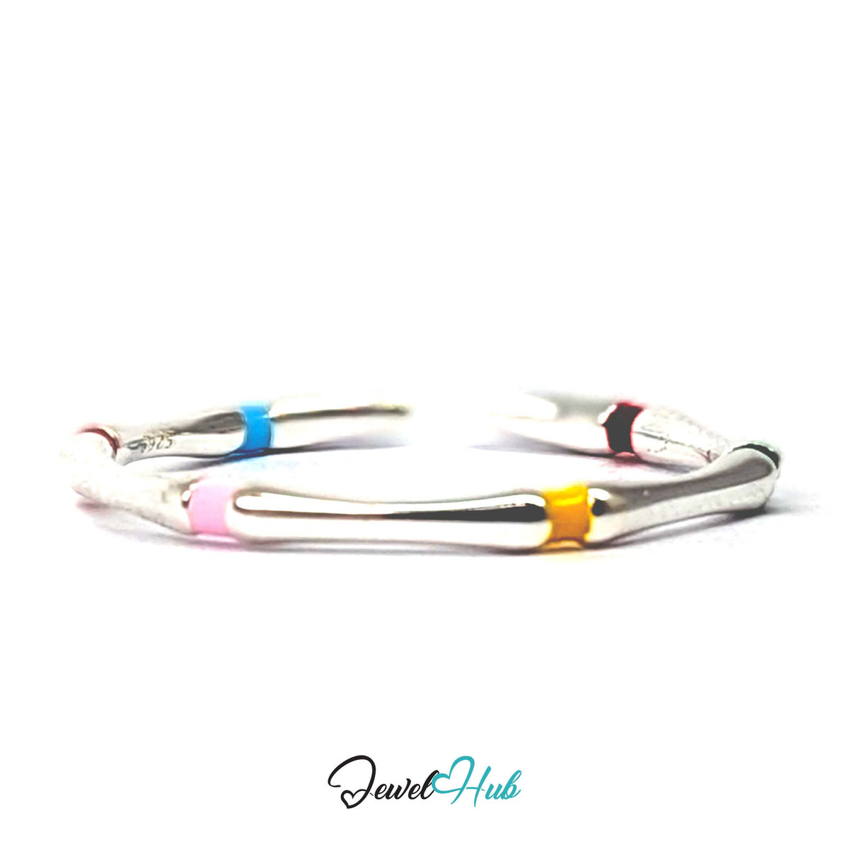 925 sterling silver enamel ring with six coloured collars on a slim band - JewelHub