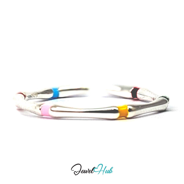 925 sterling silver enamel ring with six coloured collars on a slim band - JewelHub