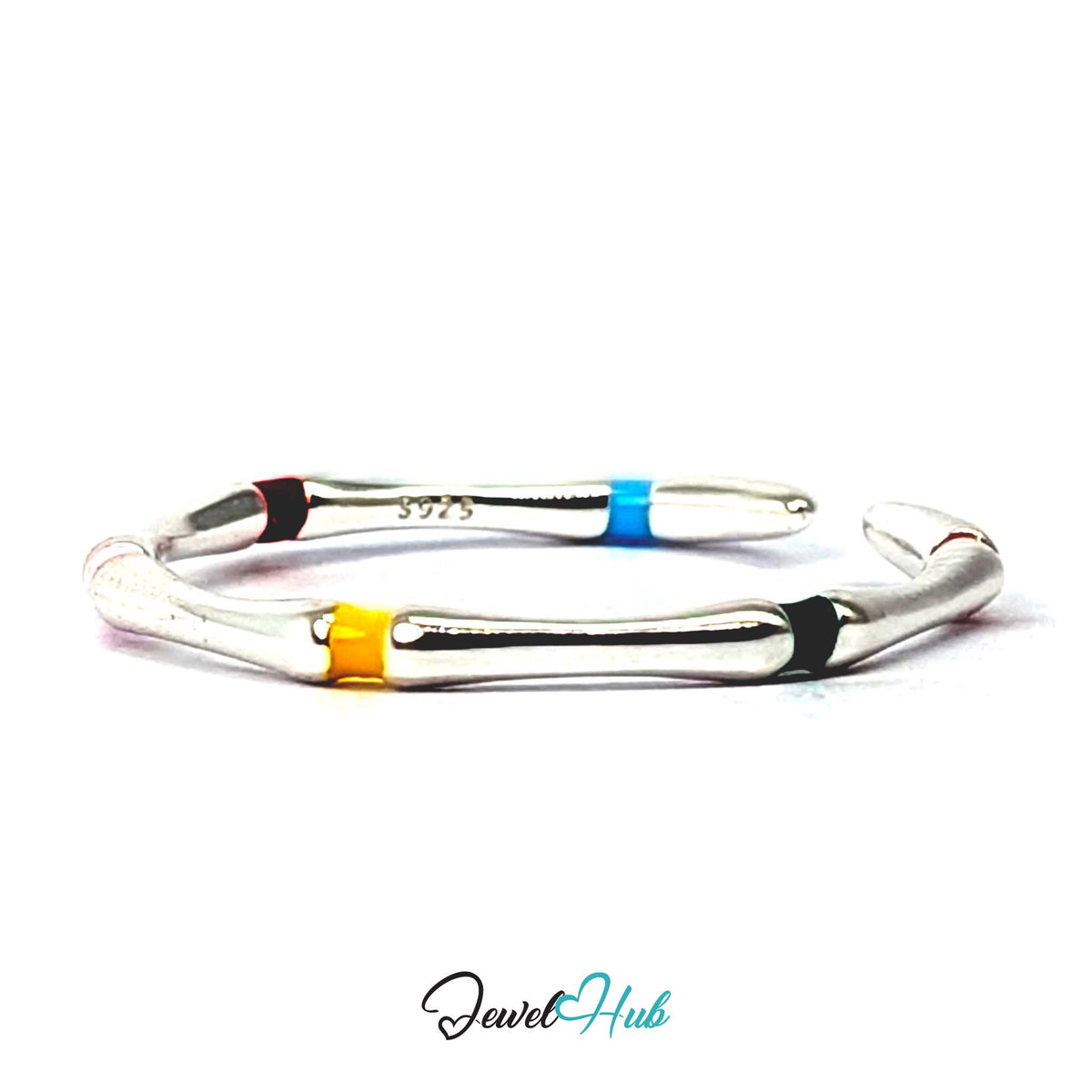 Side view of the bamboo-segmented band with blue, yellow and green enamel - JewelHub