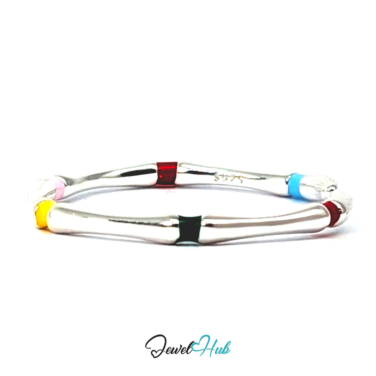 Enamel ring at an angle, showing pink, red and blue collars round the band - JewelHub