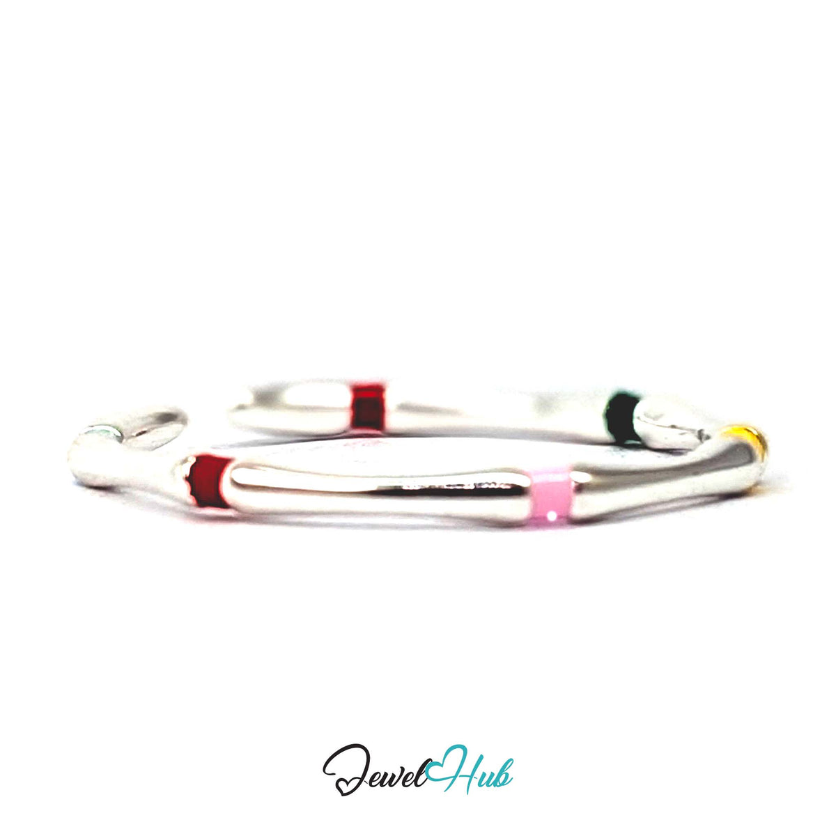 Close view of the enamel collars fused round the polished silver band - JewelHub