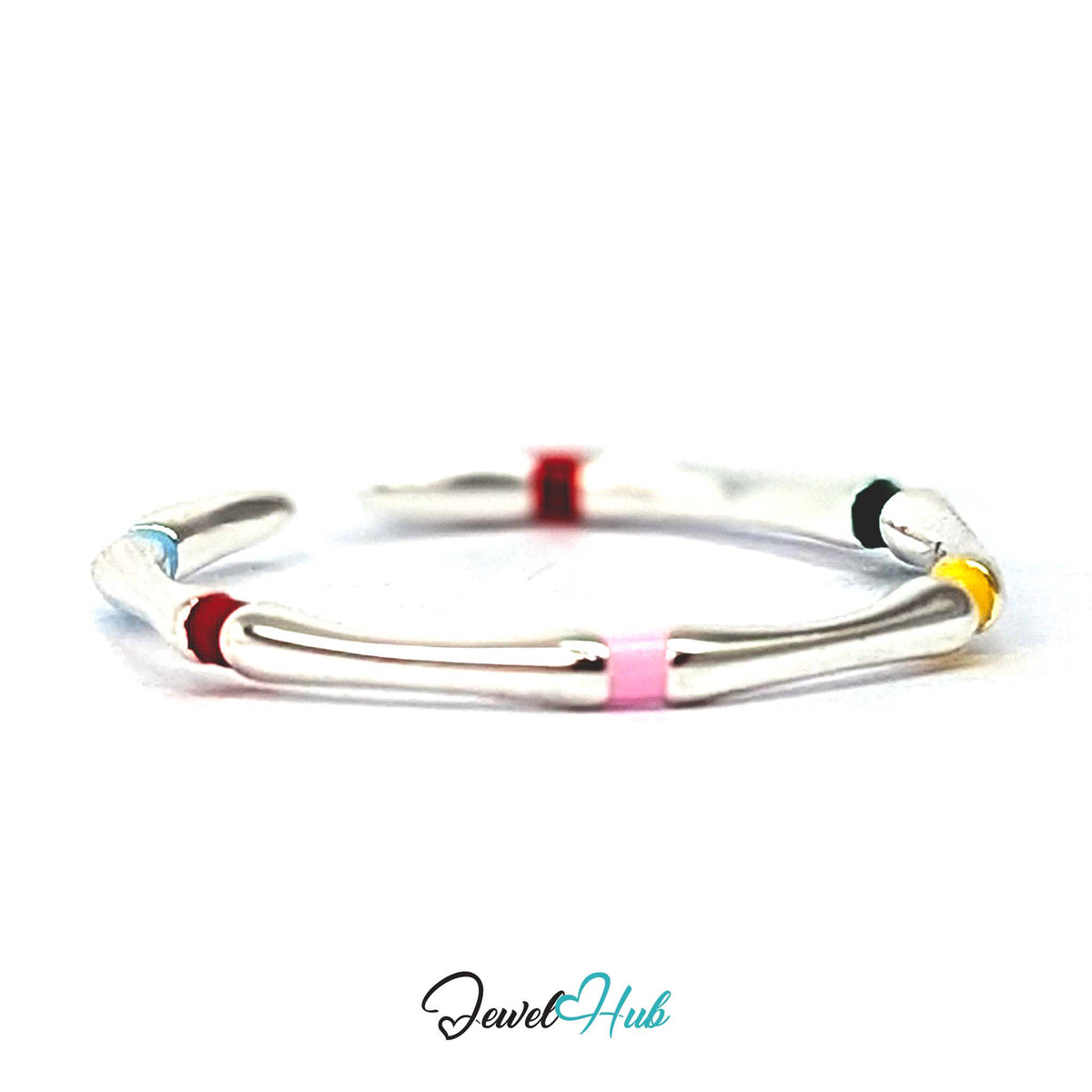 Three-quarter view of the six enamel colours on the sterling silver band - JewelHub