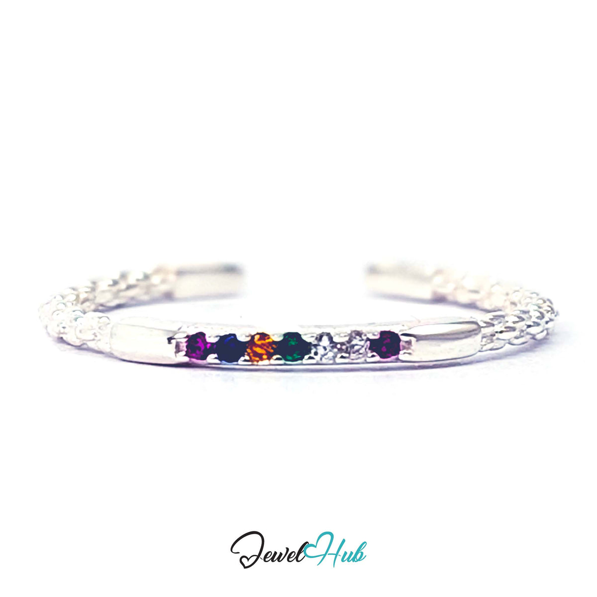 925 sterling silver rainbow ring with six coloured zirconia on a beaded band - JewelHub