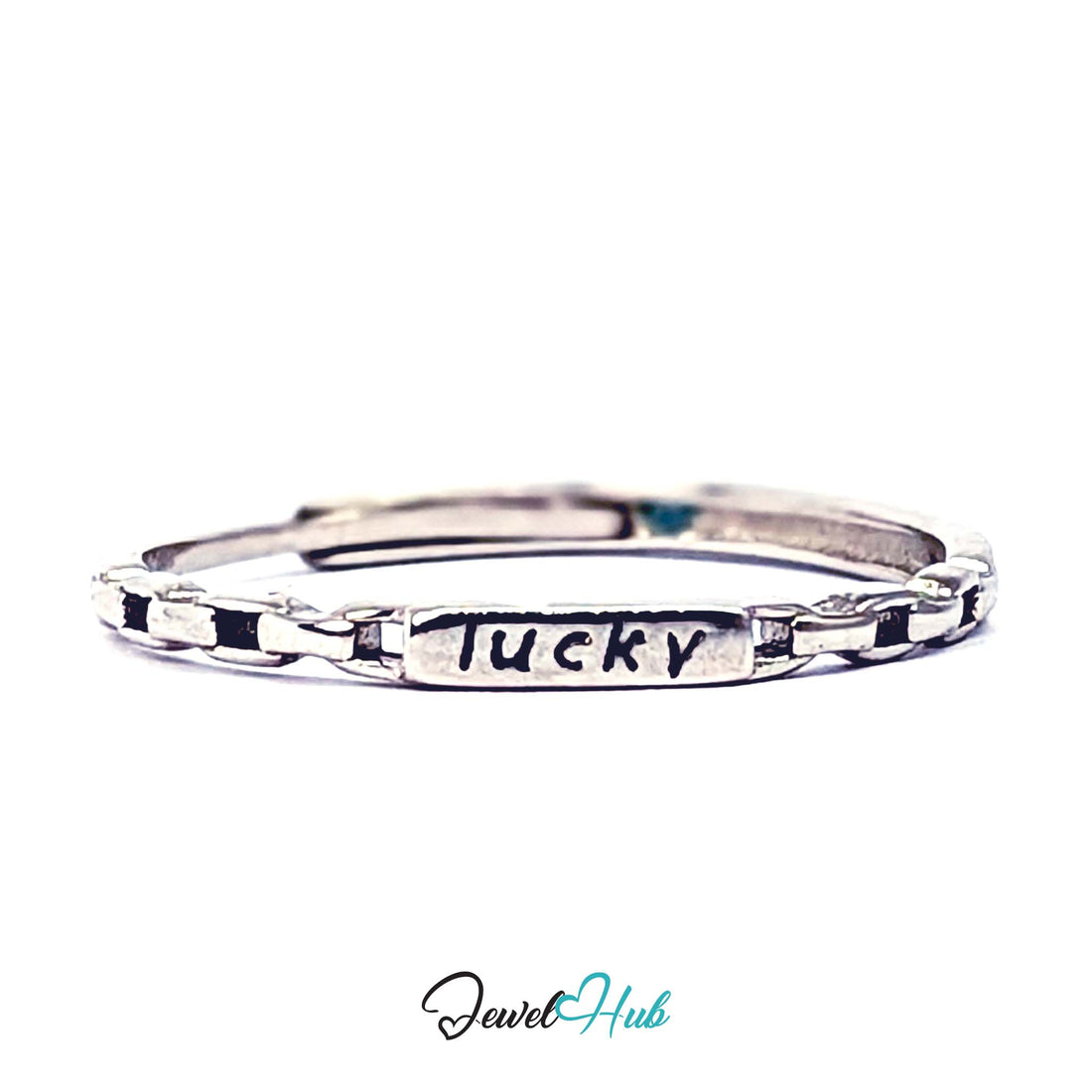 999 fine silver lucky plate ring with an oxidised chain-link band - JewelHub