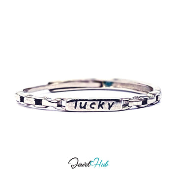 999 fine silver lucky plate ring with an oxidised chain-link band - JewelHub