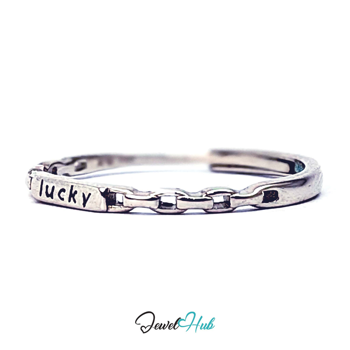 Side view of the engraved lucky plate set into the flat chain links - JewelHub
