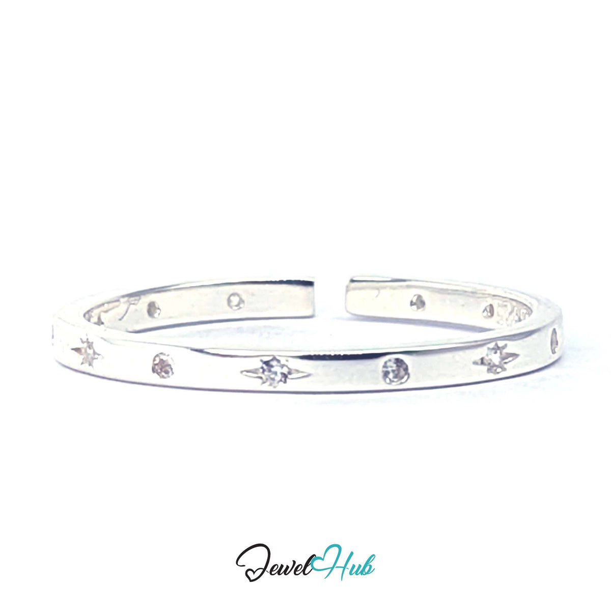 Three-quarter view of the thirteen flush-set zirconia round the band - JewelHub