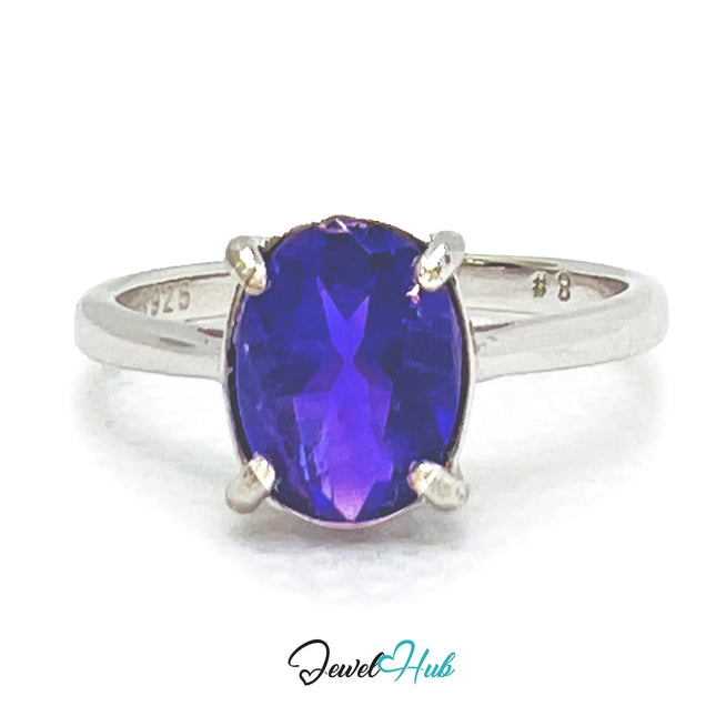 925 Sterling Silver Amethyst Ring (Oval 1.8ct) | UK O US 7.5 | Modern Simplicity EM