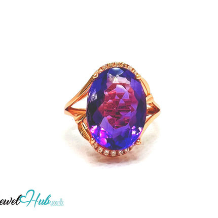 925 Silver Rose Gold Oval Amethyst (7.6-carat) Halo Ring | Adjustable (J-L) | CZ Accents EM