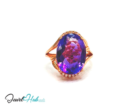 925 Silver Rose Gold Oval Amethyst (7.6-carat) Halo Ring | Adjustable (J-L) | CZ Accents