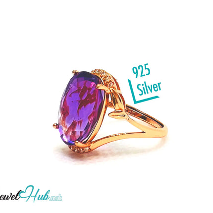 925 Silver Rose Gold Oval Amethyst (7.6-carat) Halo Ring | Adjustable (J-L) | CZ Accents EM