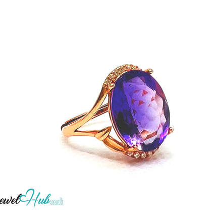 925 Silver Rose Gold Oval Amethyst (7.6-carat) Halo Ring | Adjustable (J-L) | CZ Accents EM