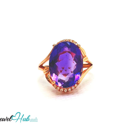 925 Silver Rose Gold Oval Amethyst (7.6-carat) Halo Ring | Adjustable (J-L) | CZ Accents EM