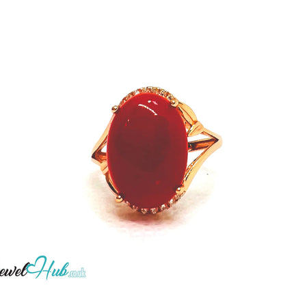 925 Sterling Silver Rose Gold-Plated Oval Red Carol (3.67ct) Ring | Adjustable (J-L) |  CZ Halo EM