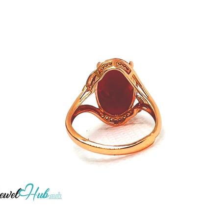 925 Sterling Silver Rose Gold-Plated Oval Red Carol (3.67ct) Ring | Adjustable (J-L) |  CZ Halo EM