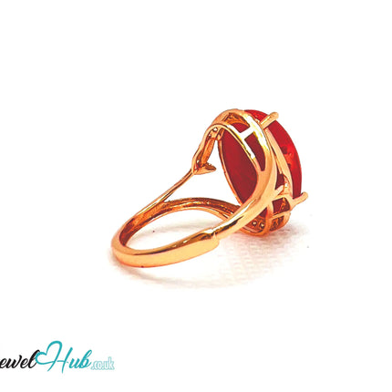 925 Sterling Silver Rose Gold-Plated Oval Red Carol (3.67ct) Ring | Adjustable (J-L) |  CZ Halo EM