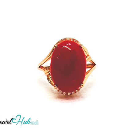 925 Sterling Silver Rose Gold-Plated Oval Red Carol (3.67ct) Ring | Adjustable (J-L) |  CZ Halo EM