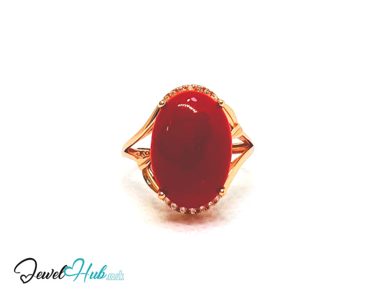 925 Sterling Silver Rose Gold-Plated Oval Red Carol (3.67ct) Ring | Adjustable (J-L) |  CZ Halo