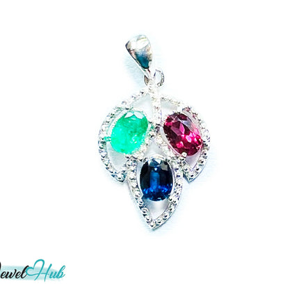 Noble Leaf – 925 Sterling Silver Multi-colour Pendant with Ruby, Sapphire & Emerald EM