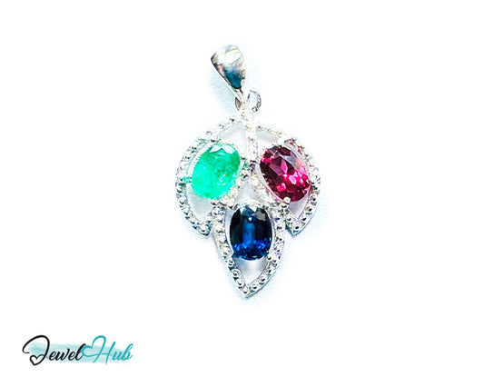 Noble Leaf – 925 Sterling Silver Multi-colour Pendant with Ruby, Sapphire & Emerald