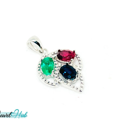 Noble Leaf – 925 Sterling Silver Multi-colour Pendant with Ruby, Sapphire & Emerald EM