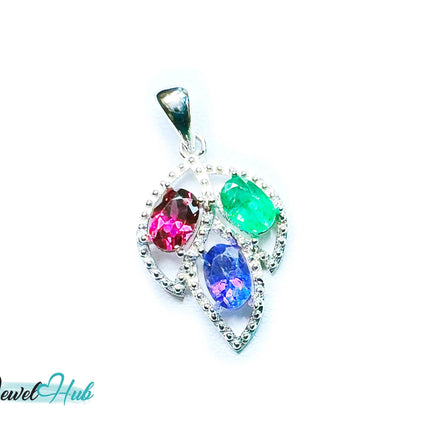 925 Sterling Silver Pendant with Ruby, Sapphire & Emerald | Noble Leaf in Multi-colour EM