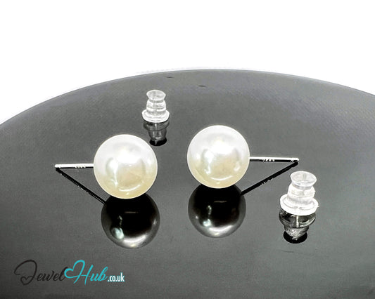 9.5mm Imitation Pearl Stud Earrings · 925 Silver Posts · Silicone Backs · Hypoallergenic · Everyday Elegance