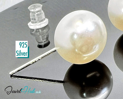 9.5mm Imitation Pearl Stud Earrings · 925 Silver Posts · Silicone Backs · Hypoallergenic · Everyday Elegance
