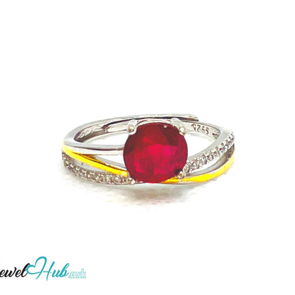 Ruby Silver Ring with Gold-Toned Accents | Adjustable 925 Sterling Statement Ring - JewelHub.co.uk