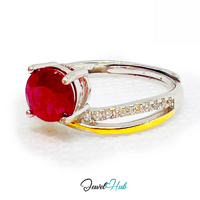 Ruby Silver Ring with Gold-Toned Accents | Adjustable 925 Sterling Statement Ring CT