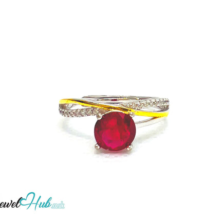 Ruby Silver Ring with Gold-Toned Accents | Adjustable 925 Sterling Statement Ring - JewelHub.co.uk