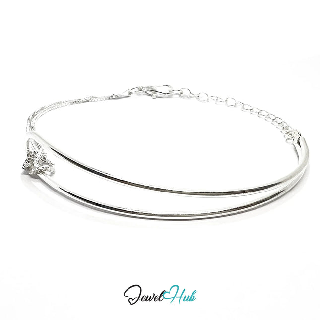 925 Sterling Silver Half‑Bangle Bracelet - A bangle & chain combo CT