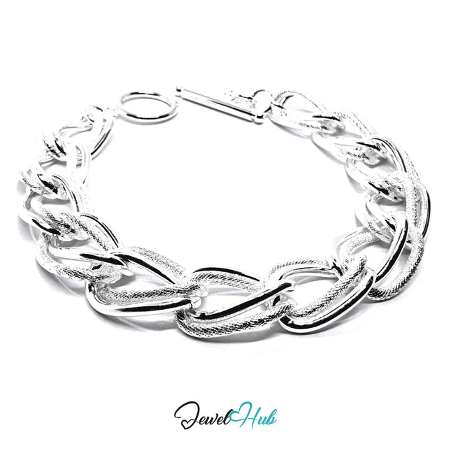 925 Sterling Silver Chain Bracelet — Textured Oval Links, Toggle Clasp CT
