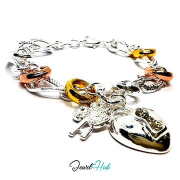 925 Sterling Silver Tri-Color Charm Bracelet | Heart Lock, Key & Sculptural Links