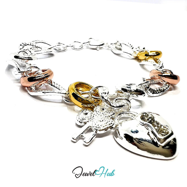 925 Sterling Silver Tri-Color Charm Bracelet | Heart Lock, Key & Sculptural Links CT