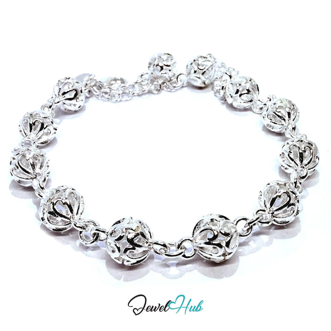 925 Sterling Silver Filigree Bead Bracelet – Ornate Adjustable Chain with Delicate Cutouts