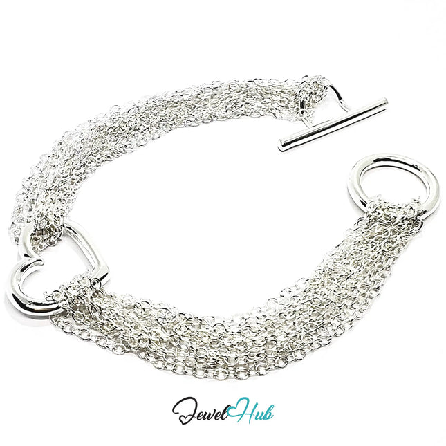 925 Sterling Silver Multi-Strand Bracelet – Layered Toggle Chain with Heart Detail