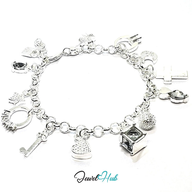 925 Sterling Silver Charm Bracelet – Symbolic Motif Chain with Heart, Moon, Cross & Star