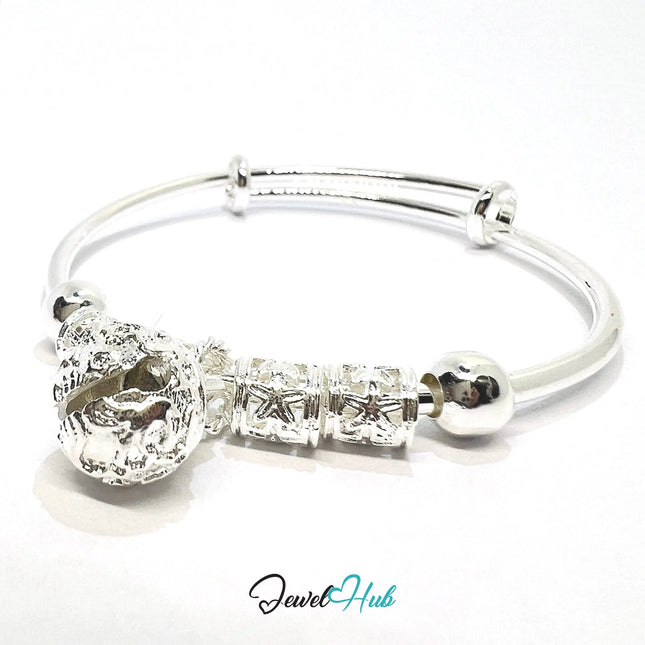 925 Sterling Silver Jingle Bead Bangle – Ornate Adjustable Bracelet with Sound Charm