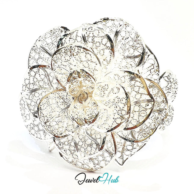 925 Sterling Silver Rose Bangle – Sculptural Floral Statement Bracelet with Adjustable Fit