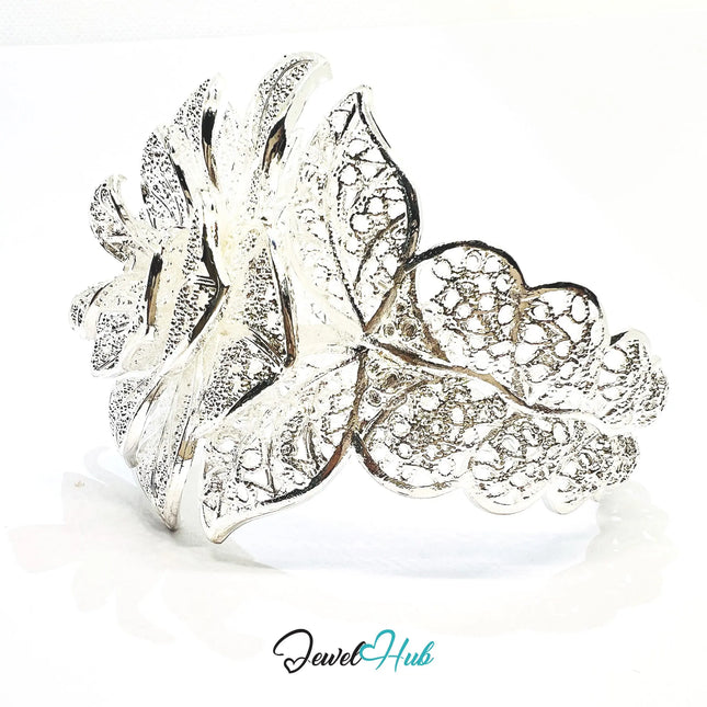925 Sterling Silver Rose Bangle – Sculptural Floral Statement Bracelet with Adjustable Fit