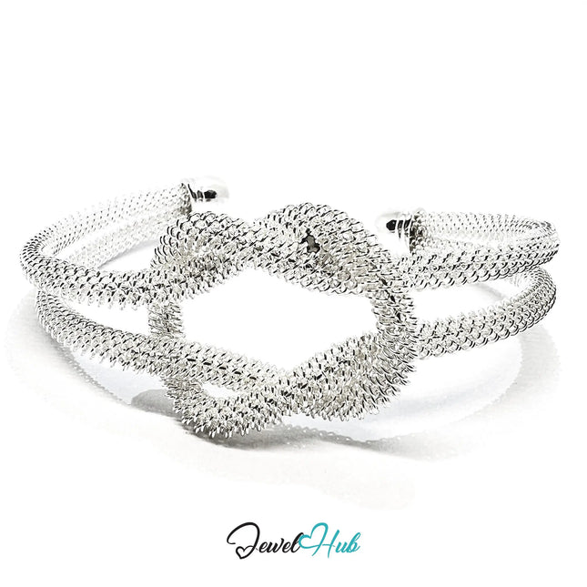 925 Sterling Silver Knot Mesh Cuff – Polished Open Bracelet with Textured Finish