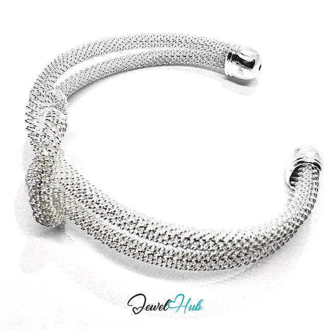 925 Sterling Silver Knot Mesh Cuff – Polished Open Bracelet with Textured Finish