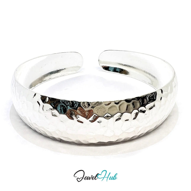 925 Sterling Silver Hammered Cuff – Wide Open Bracelet with Textured Finish