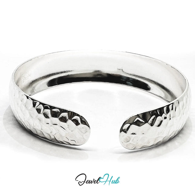 925 Sterling Silver Hammered Cuff – Wide Open Bracelet with Textured Finish