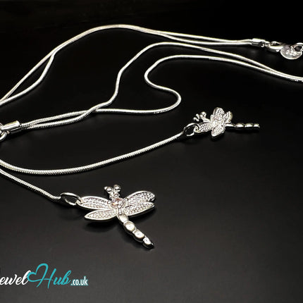 925 Sterling Silver TwinFlight Dragonfly Layered Necklace | Snake Chain Design CT