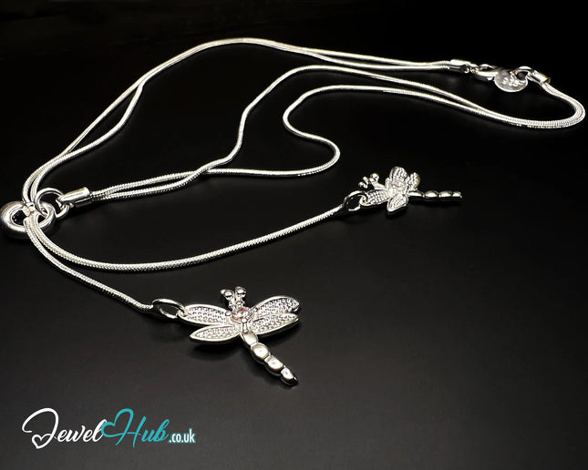 925 Sterling Silver TwinFlight Dragonfly Layered Necklace | Snake Chain Design CT